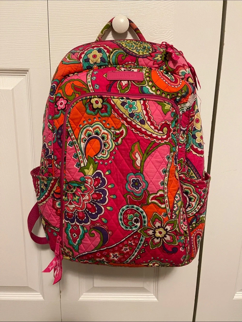 Vera Bradley Hot Pink Paisley Quilted Large Backpack with Orange & Green Accents